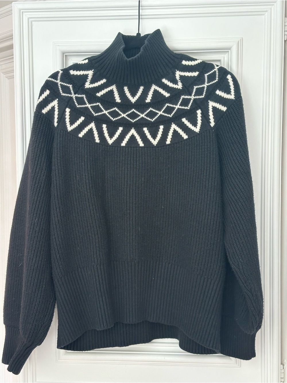 Varley Black Turtleneck Sweater with White Fair Isle Yoke